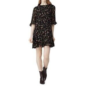 GANNI Floral Crepe Mini Dress Ruffle Accents Flowy Shift 34 US 2 XS
